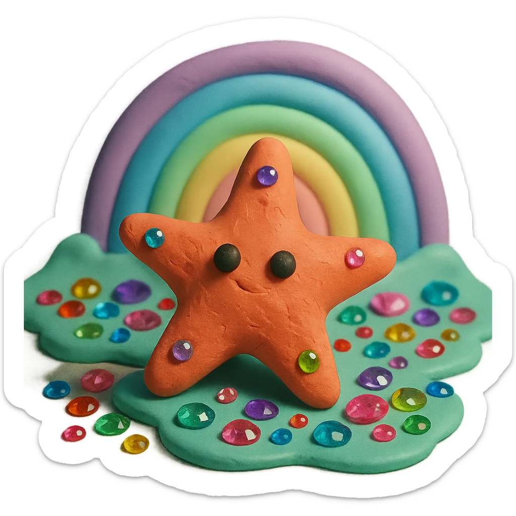 sea star, pastel rainbow colors, lots of shiny jewels, 3D look sticker