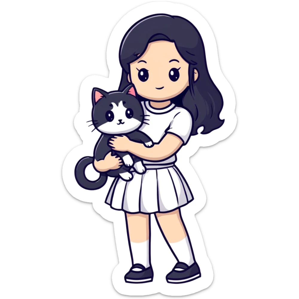 A beautiful girl with long black hair wearing a white skirt holds a cute white cat in her arms sticker