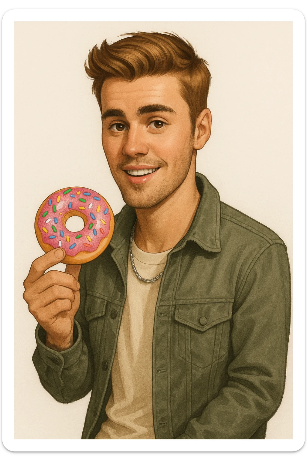 realistic cartoon style illustration of Justin Bieber holding a donut sticker