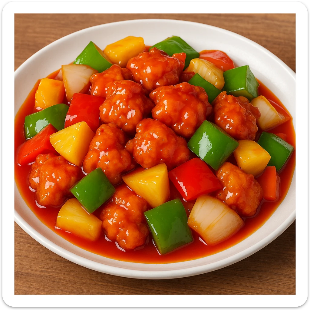 a plate of sweet and sour chicken, Chinese cuisine sticker