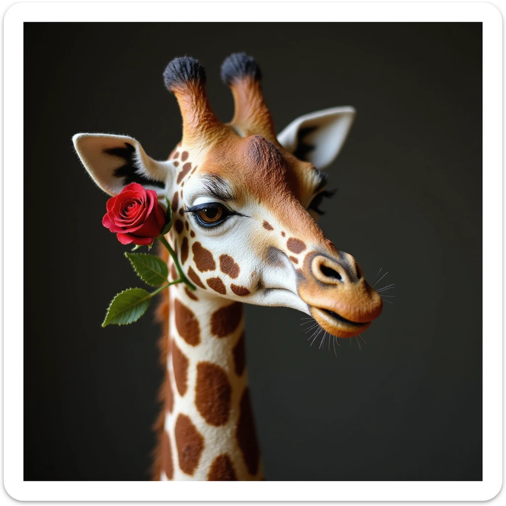 realistic giraffe with a red rose tucked behind her ear, detailed and lifelike, natural lighting and textures sticker