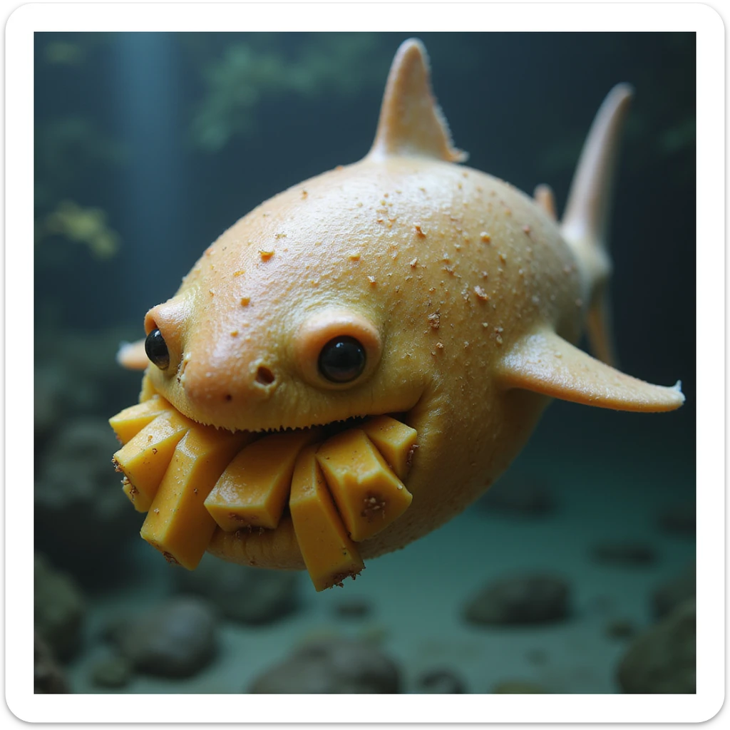 a lifelike hybrid of a mango and a shark, realistic textures, photorealistic style sticker