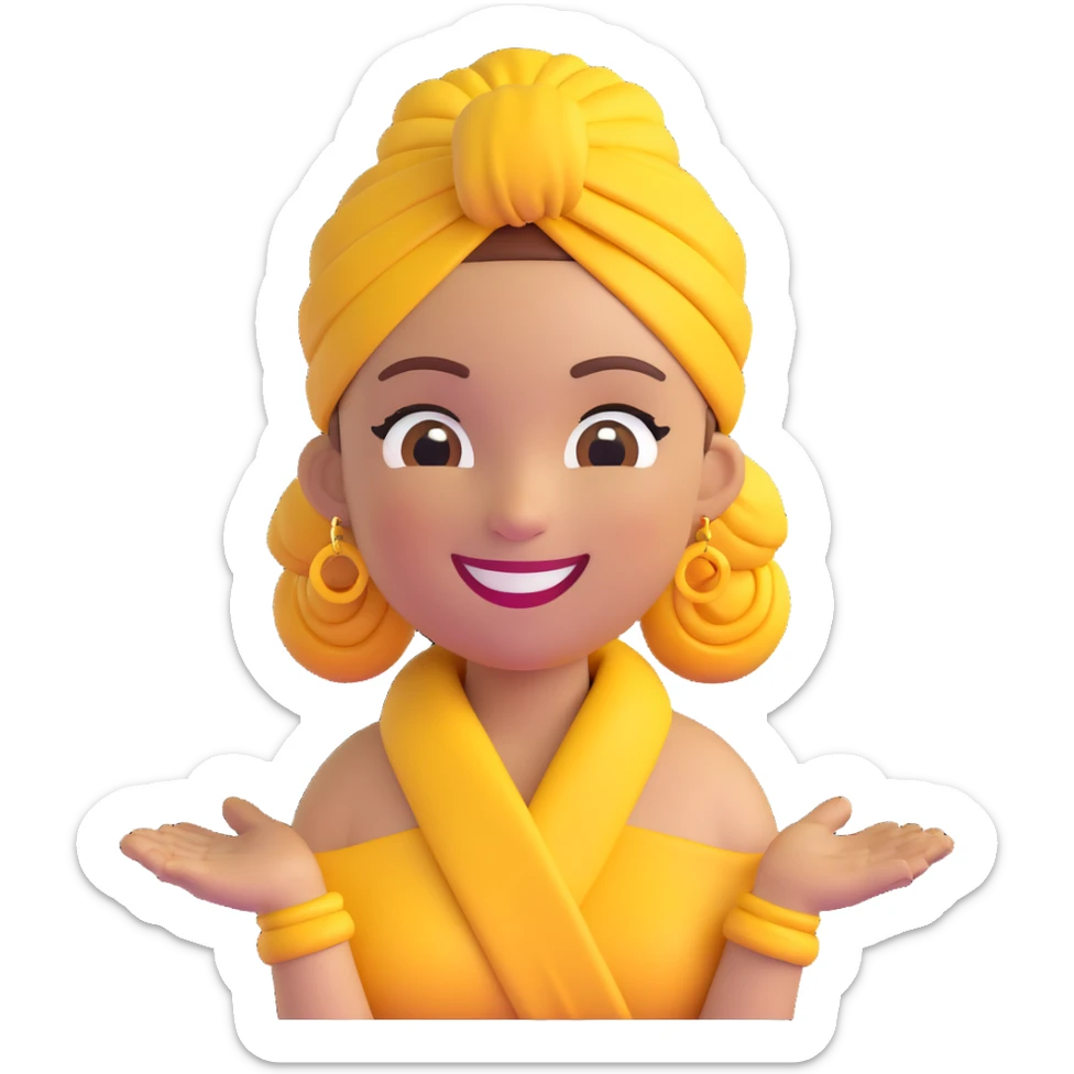 Create a 3D cartoon style emoji of the person in the reference photo, capturing her features, bright smile, yellow headwrap, and earrings. The pose should be friendly and welcoming with a transparent background. sticker
