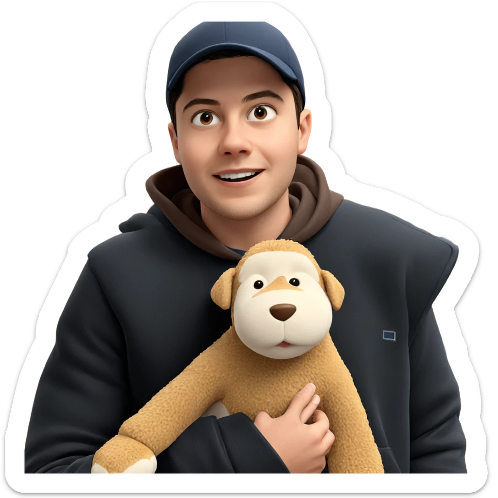 boy with stuffed dog indoors sticker