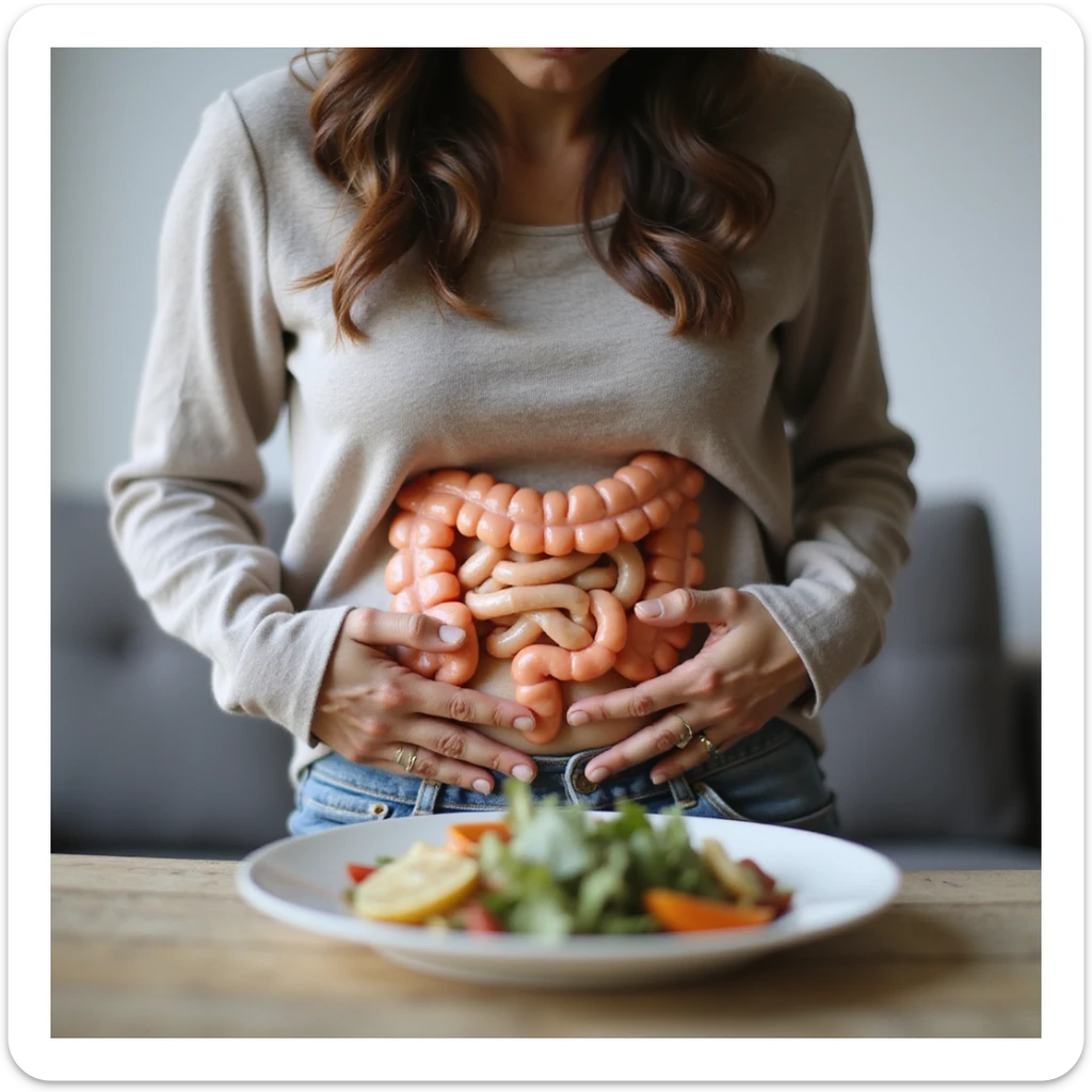 adult woman, photorealistic, on a diet to fix intestine, sitting with curved posture, hands pressing abdomen, intestine highlighted, light food plate in front, natural light, home background sticker