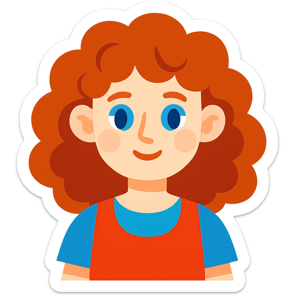 a girl with curly hair, pale skin, and blue eyes, vibrant toon style sticker