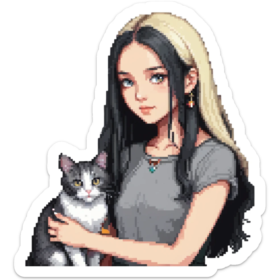Beautiful girl with long black hair petting a gray and blonde mixed cat sticker