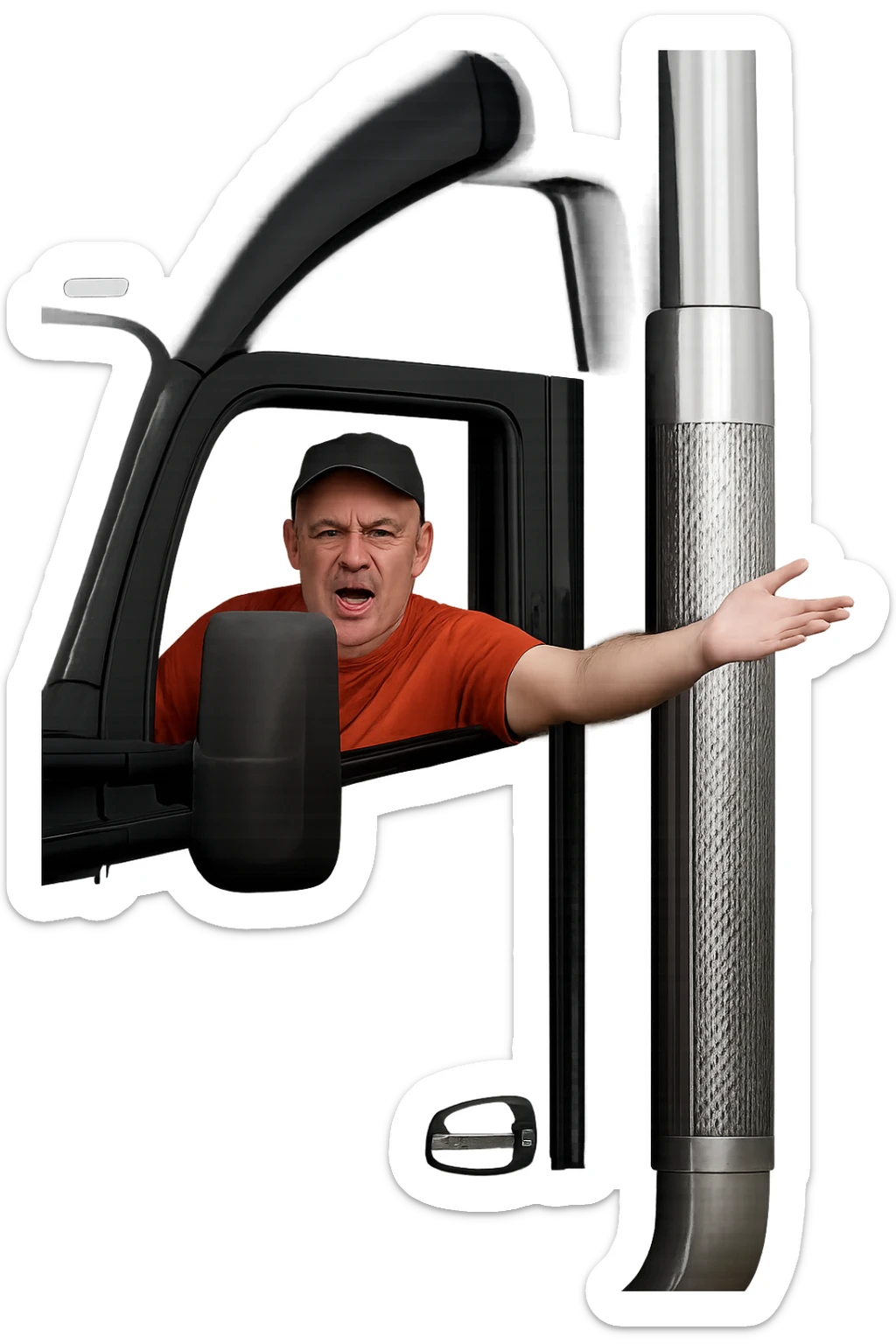 Zoom in closer on the cab of the truck. Make the person in the truck look angry, bald, wearing an orange shirt and a baseball cap. Keep the truck black with a chrome stack. Maintain a transparent background. sticker