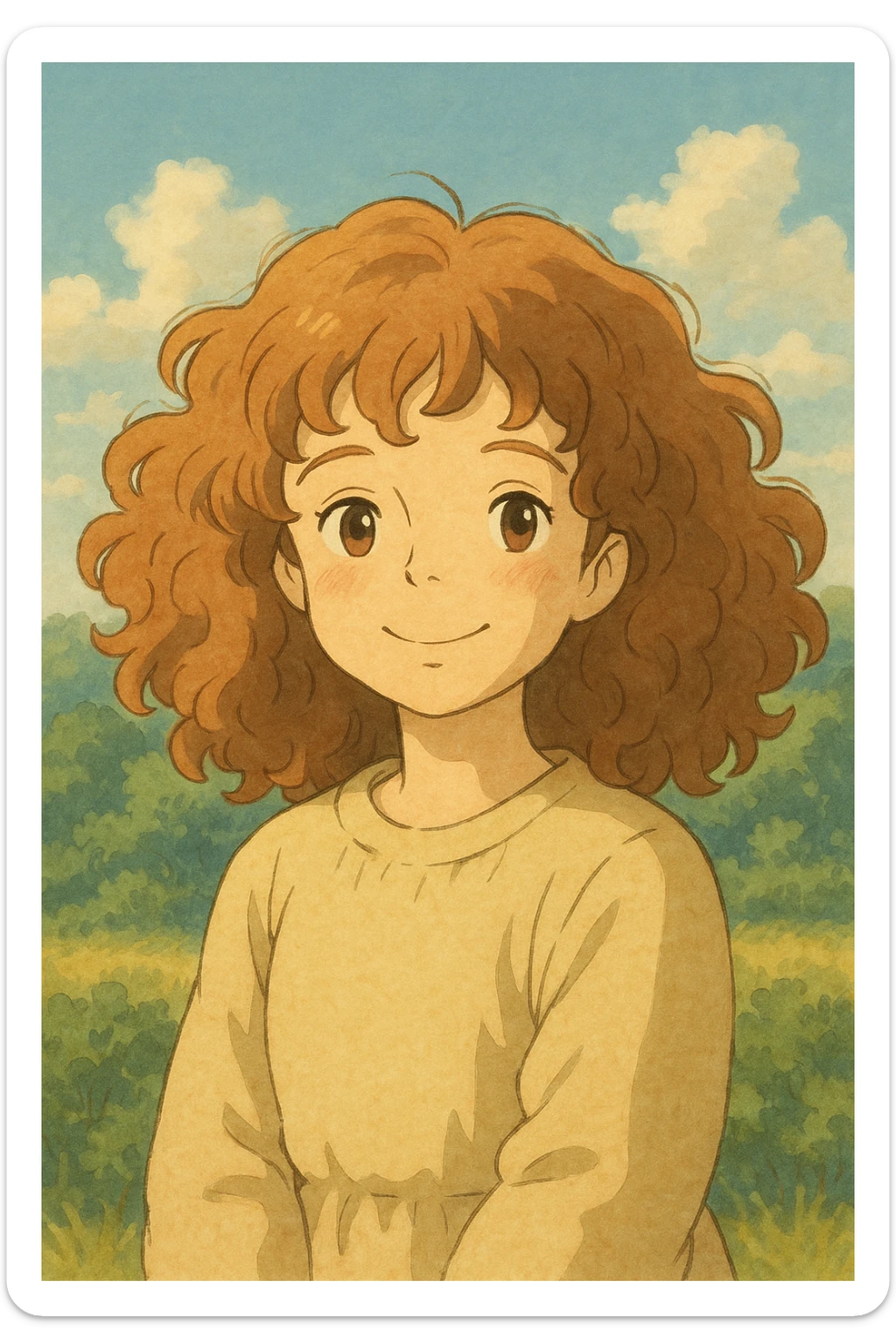 curly hair girl, ghibli style, soft colors, gentle smile sticker