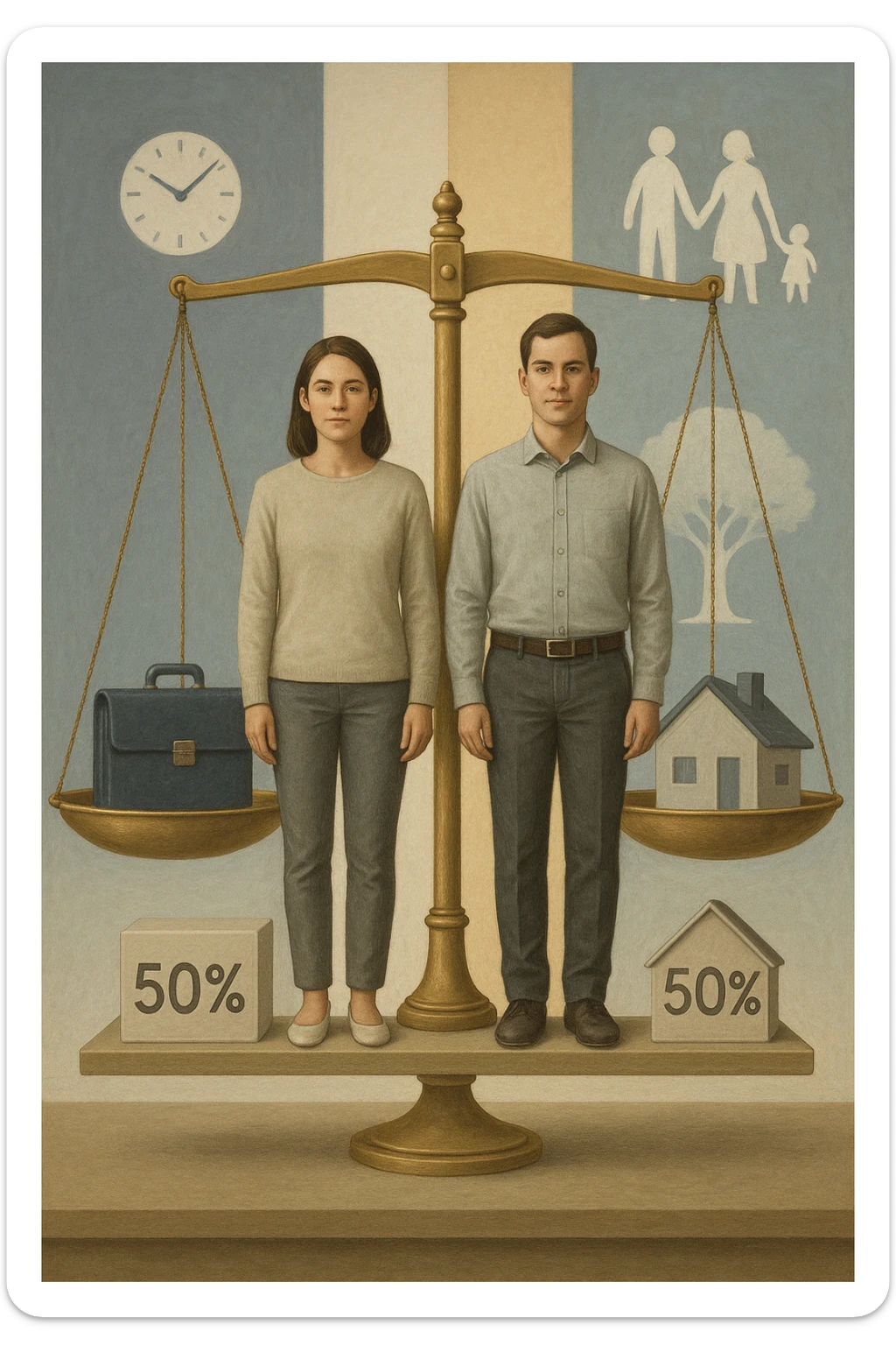 Uomo e donna in piedi l’uno accanto all’altra, al centro di una bilancia perfettamente in equilibrio. Entrambi vestiti in modo simile (moderno e neutro), con espressioni serene e rispettose. Sotto i loro piedi, due blocchi con scritto '50%' ciascuno. Sullo sfondo, elementi divisi simmetricamente: lavoro, famiglia, tempo libero, rappresentati equamente da entrambi. Atmosfera armoniosa, illuminazione equilibrata, colori neutri e simbolici (bianco, grigio, blu e oro). Stile realistico con accento simbolico sul concetto di equità in italiano sticker