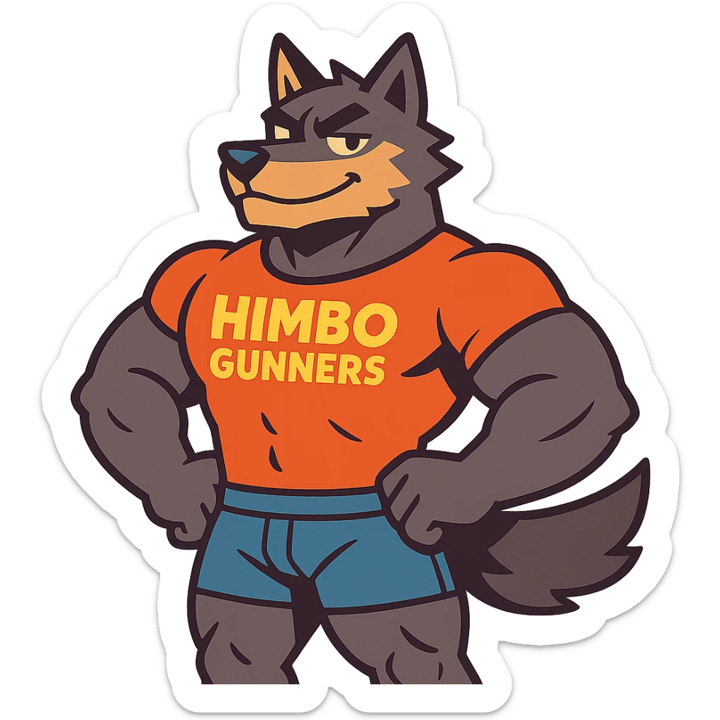 muscular wolf furry, standing confidently, wearing a t-shirt with 'Himbo gunners' sticker