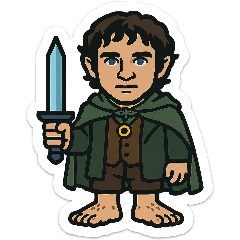 Whole body image of Frodo Baggins from the lord of the rings movie in pixel art style. Make Frodo look like the actor that portrayed him in the movie, Elijah Wood, blue eyes and dark curly hair. Frodo is wearing the same green elven cloak with the leaf buckle, brown vest, cream undershirt, dark brown leather short pants, and hairy hobbit feet. He is wearing a golden yellow ring on a necklace. he's also holding the same blue sword that bilbo is holding in the reference image. sticker