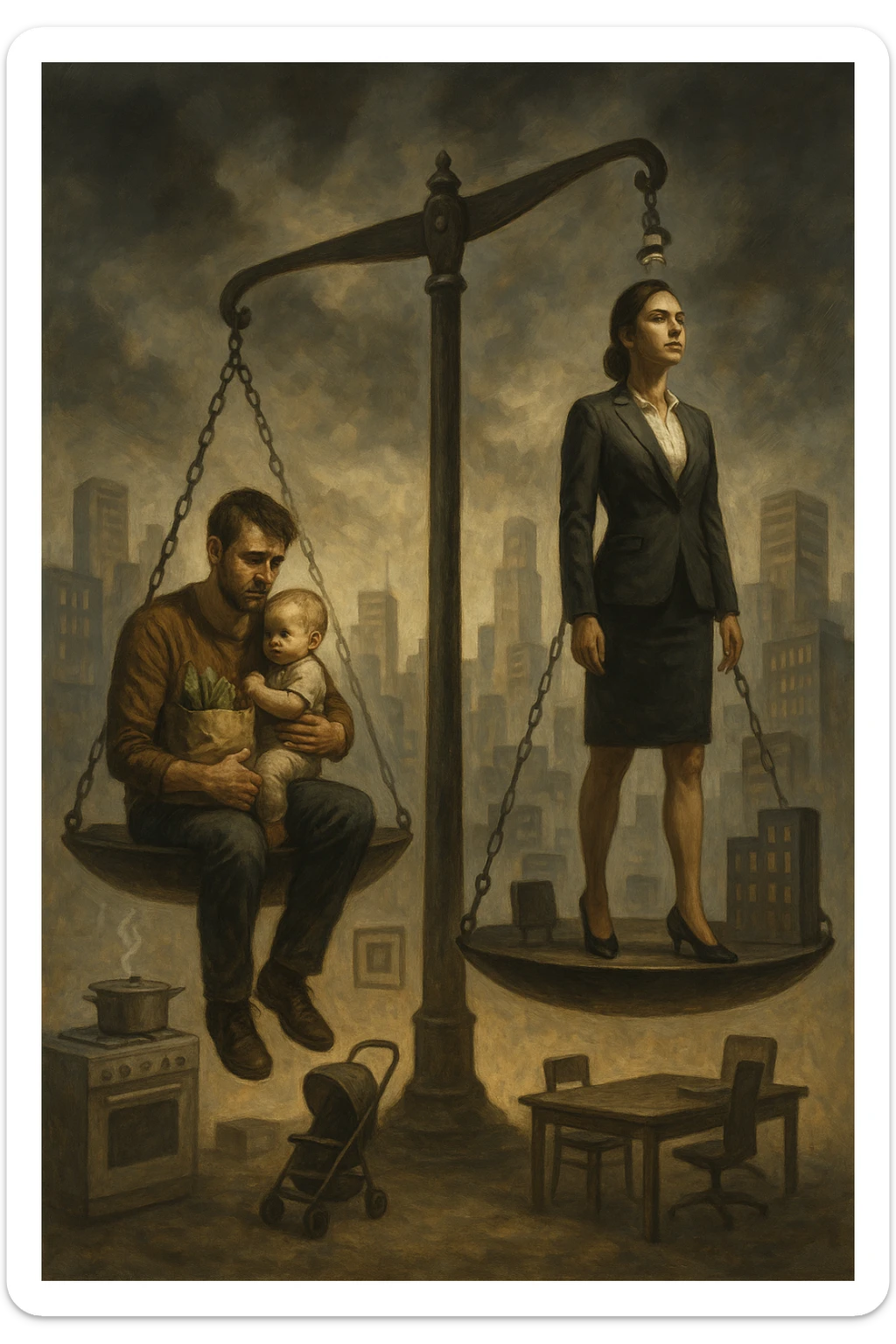 Scena metaforica: una bilancia sociale sbilanciata, con un uomo seduto da un lato con un bambino in braccio e una borsa della spesa, mentre una donna in carriera in abiti formali guarda lontano con espressione determinata. Intorno a loro, simboli confusi dei ruoli tradizionali (fornello, scrivania, passeggino, ufficio). Sullo sfondo, una città moderna e caotica. L’atmosfera è riflessiva, non giudicante. Luci contrastate, come a simboleggiare tensione culturale. in italiano sticker