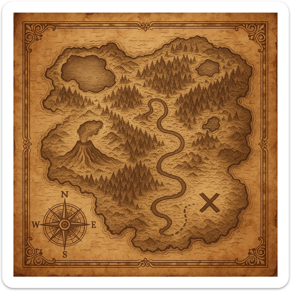 A big, realistic treasure map of a fantasy land, showing lakes, volcanoes, dense forests, and a winding river leading to a hidden treasure marked with an X. Style: old, weathered, and richly detailed. sticker