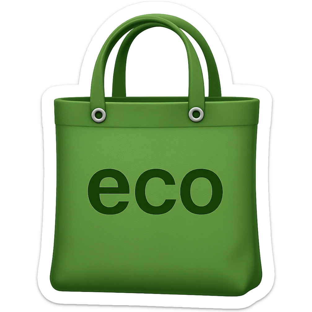 Add the word 'eco' as a logo to the bag, make the bag green, in the style of apple emojis with no background (transparent). The style is apple emoji style, concise and clean. sticker