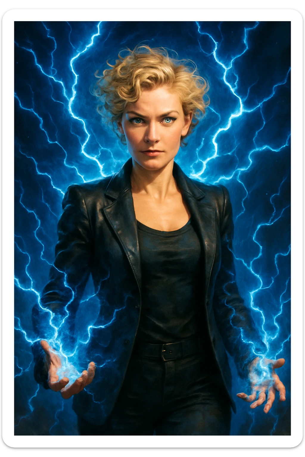 a woman with short curly blonde hair, blue eyes, and blue electric aura, looking powerful sticker