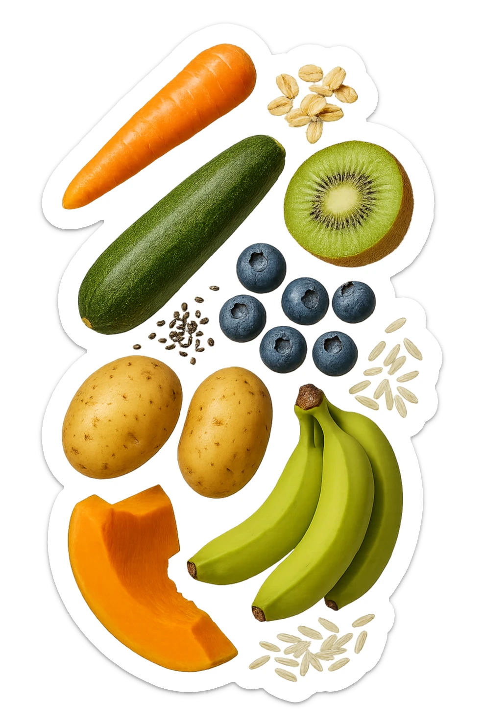 carota, fiocchi di avena, zucchine, kiwi, mirtilli, semi di chia, patate, banane acerbe, zucca, riso fluttuano in aria verticalmente, iperrealistici 4k sticker