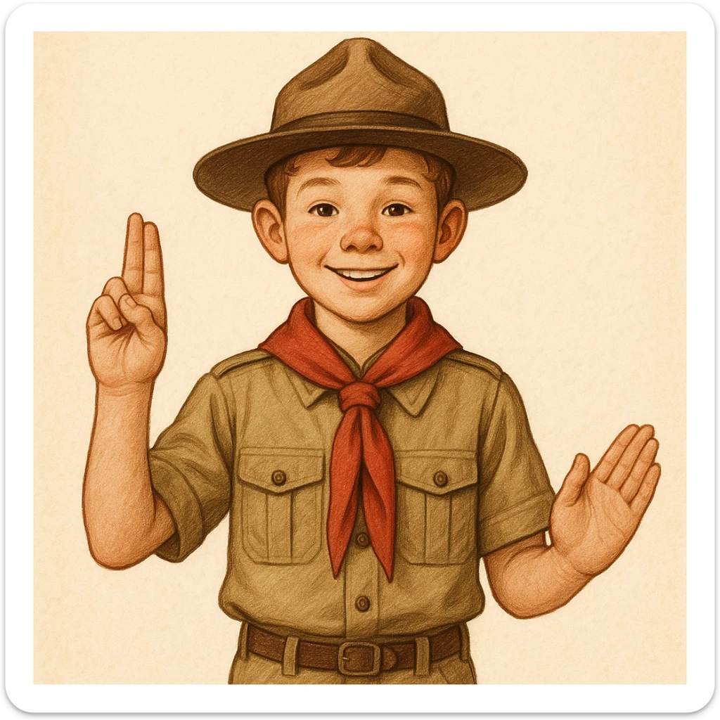boy scout with hat and scarf, giving the 3 finger salute, friendly and welcoming sticker