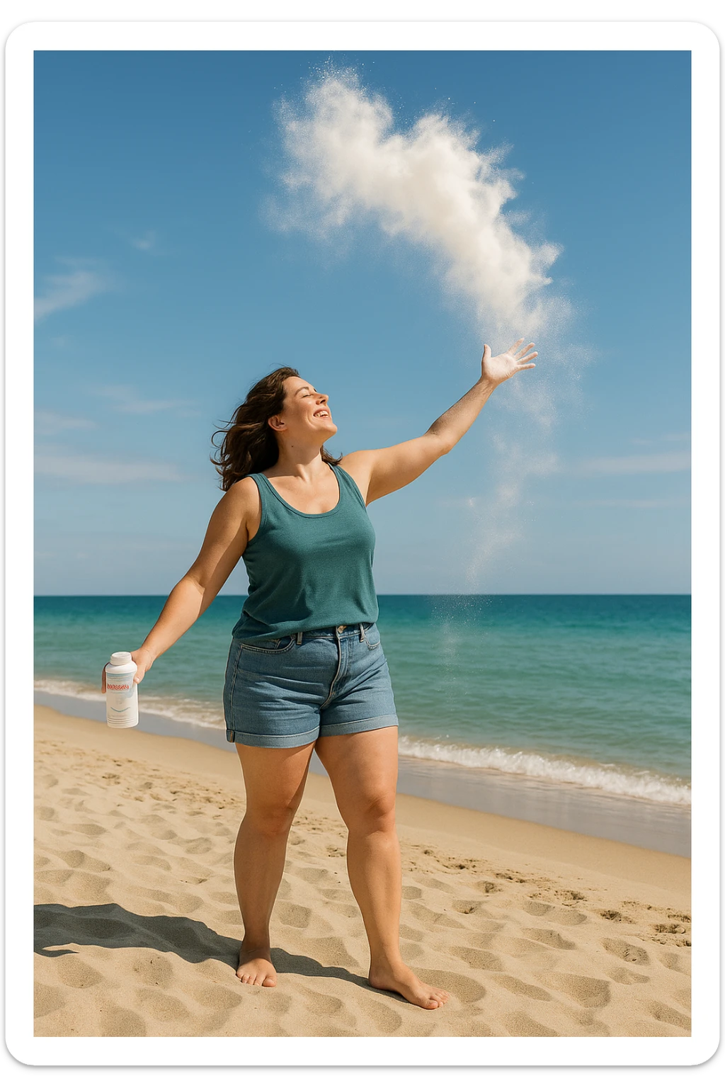 Donna in spiaggia che butta il borotalco italiano, la donna è intorno ai 66kg sticker