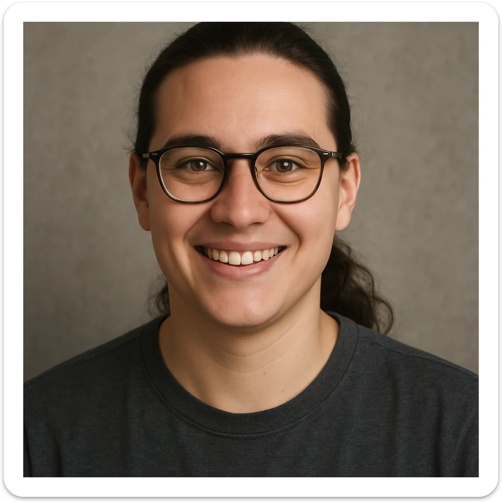 upper body portrait of a person with long pulled back dark brown hair, hazel eyes, and glasses, smiling sticker