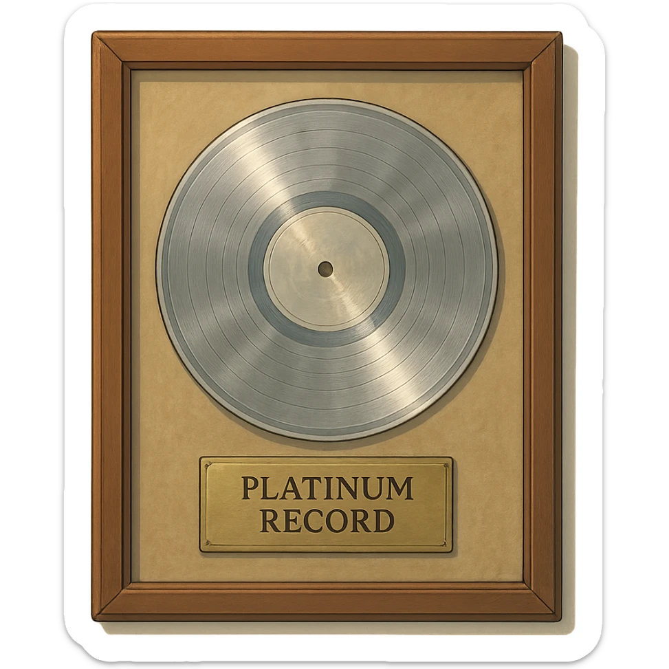 detailed ghibli style illustration of a platinum record award in a frame, soft lighting, elegant sticker