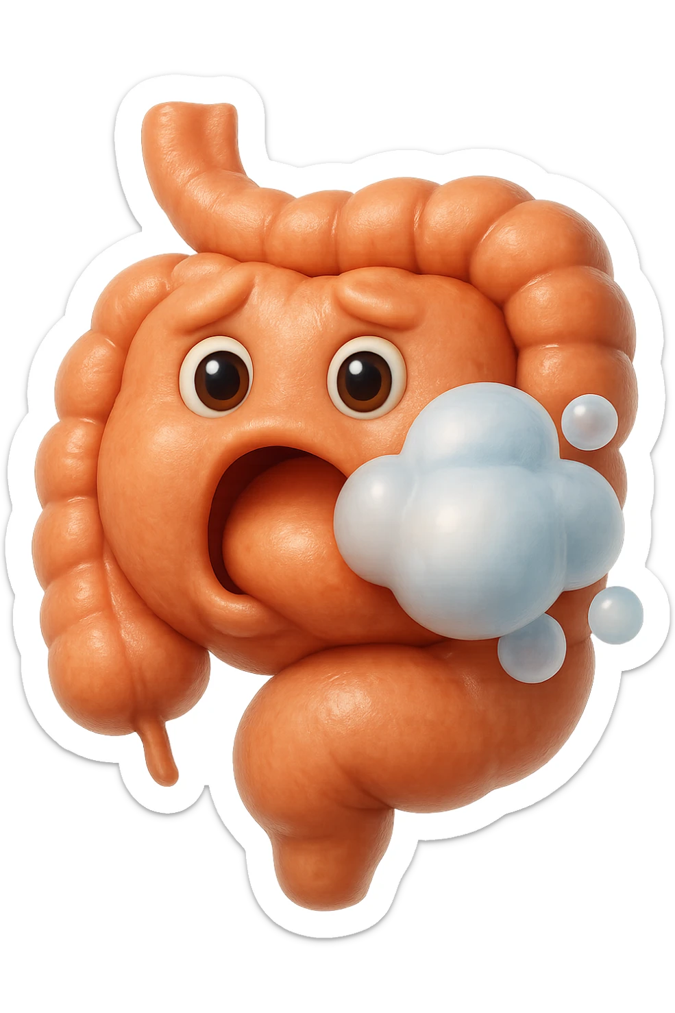 emoji stile iphone di un intestino che ingoia una nuvoletta di aria ben visibile e gli si gonfia la pancia, non fargli il naso, iperrealistico 4k sticker