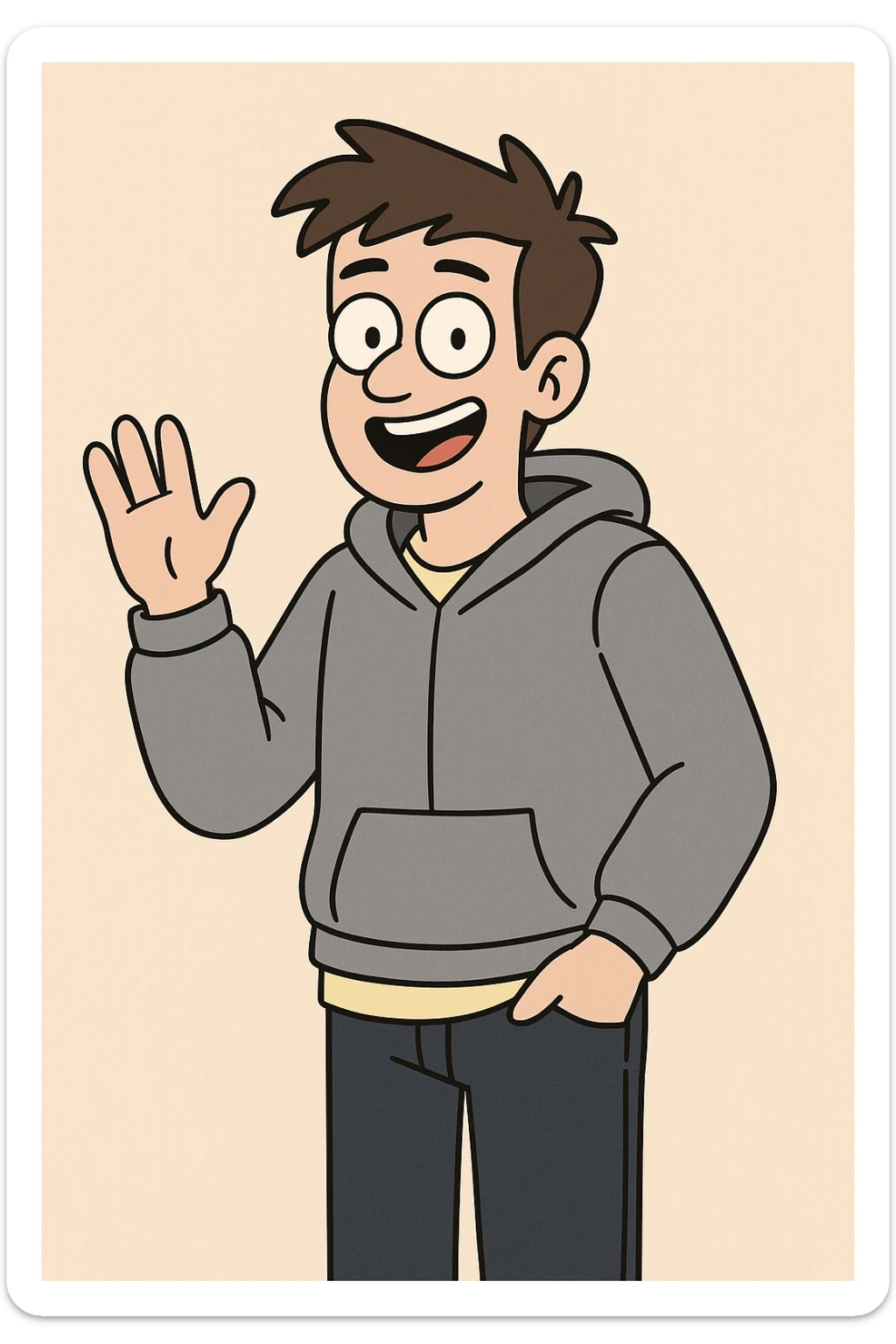 Pastel Yellow shirts Pacific Grey Hoodie dark blue jeans pockets a hand say hello sticker