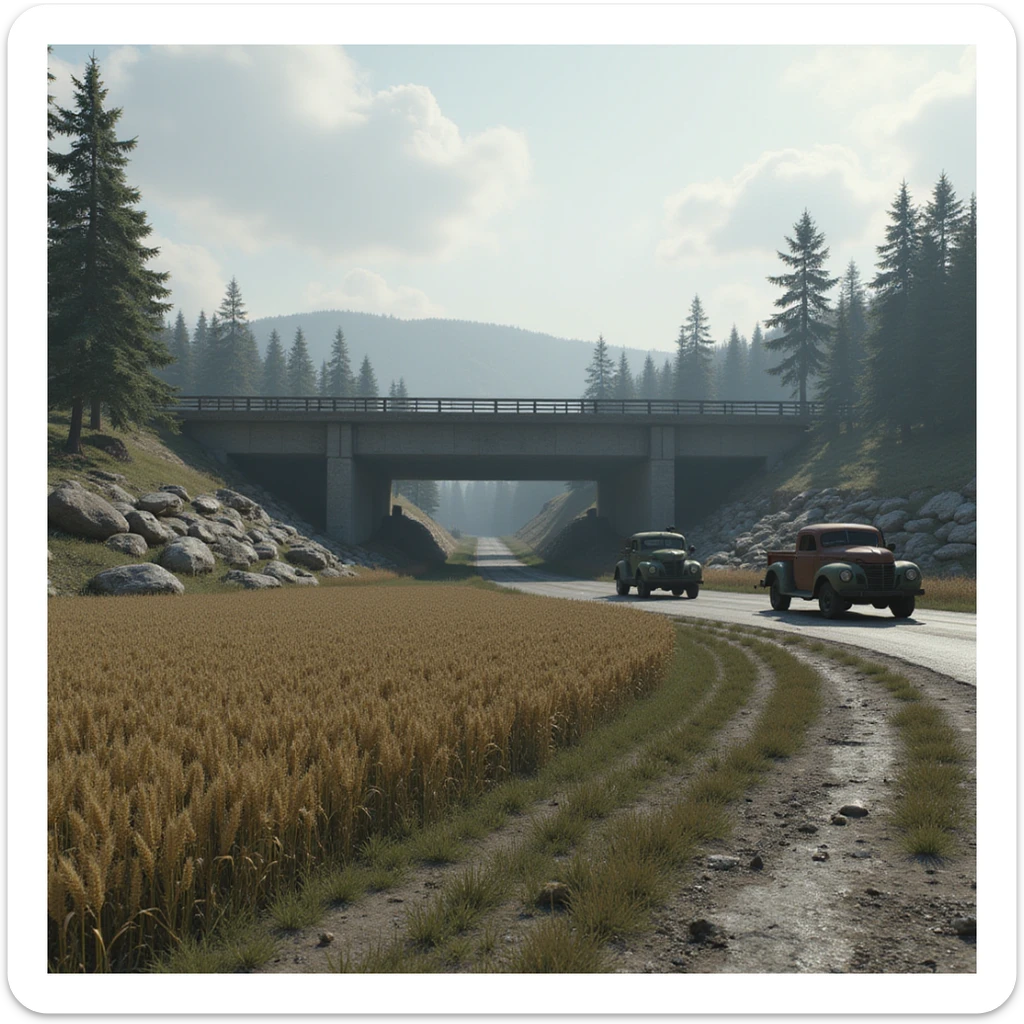 a screenshot of a location in a videogame  the image of the scene consists of:  [above-ground freeway partially collapsed], a wooded area, a small field of wheat, sandbag barricades. distant smoke. uneven terrain, derelict vintage work trucks, more distant smoke. polluted and war-torn sticker