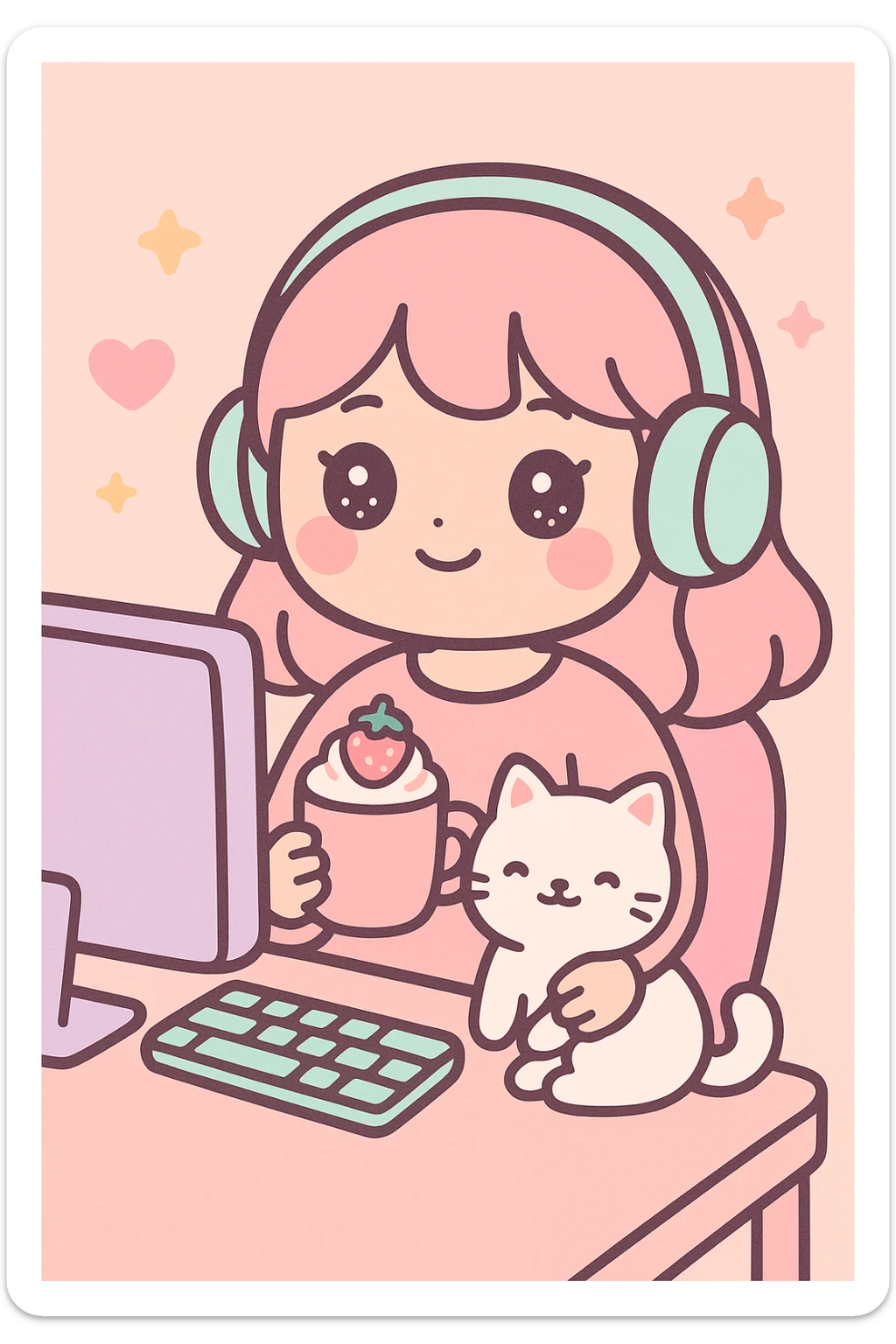 kawaii style chill girl sitting at a computer table, listening to music with headphones, holding a cup of strawberry cappuccino, her cute white cat sitting on her lap, pastel colors, cozy atmosphere, simple background sticker