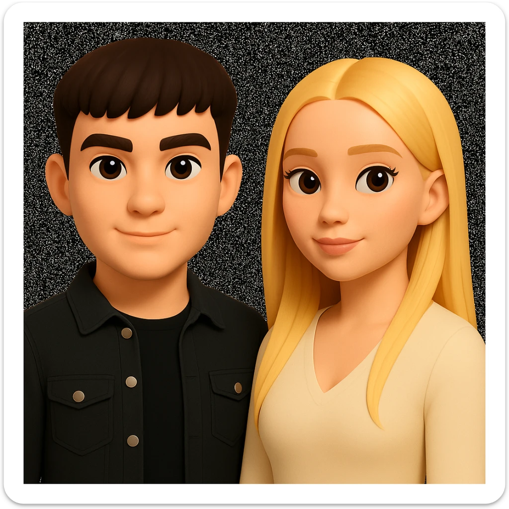 Slightly increase the volume of the upper body of the girl, separate the girl and the boy from each other, and make the skin color the same for both characters. Maintain the cartoonish 3D style in the edit. sticker