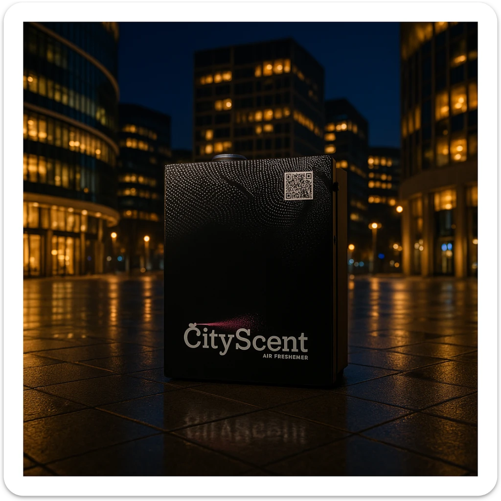 Place this exact CityScent air freshener machine in the middle of a city square at nightfall, with city lights reflecting on the pavement and modern architecture, no people, focus on the machine. The style should be realistic and detailed to highlight the machine in the night city square environment. sticker