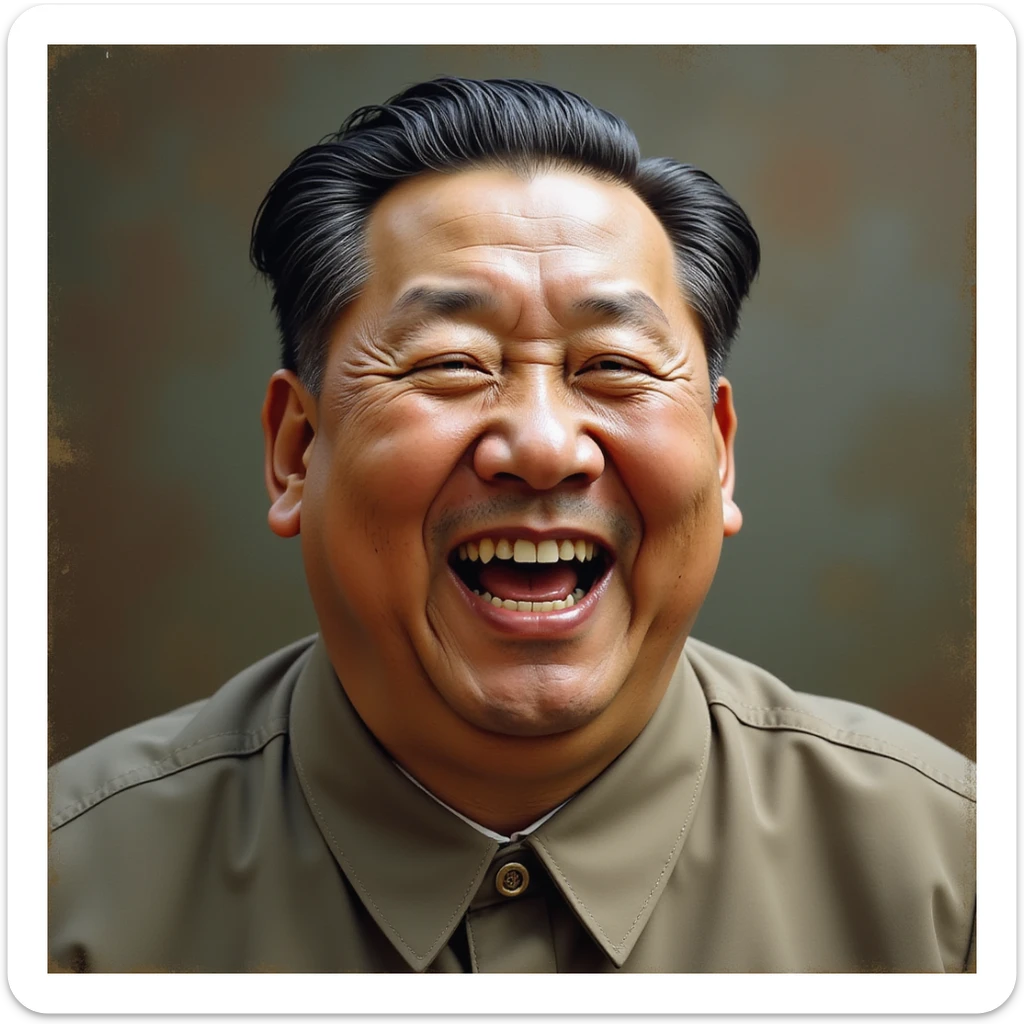 a realistic portrait of Mao Zedong laughing, lifelike facial expression, detailed textures, respectful and natural style sticker