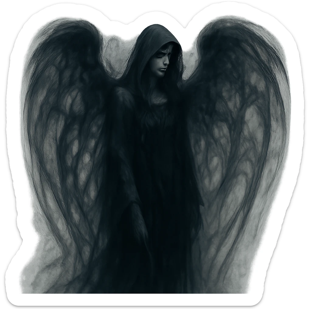 A dark angel with shadowy wings and a mysterious presence, in a dark fantasy style with a hint of mystery. sticker