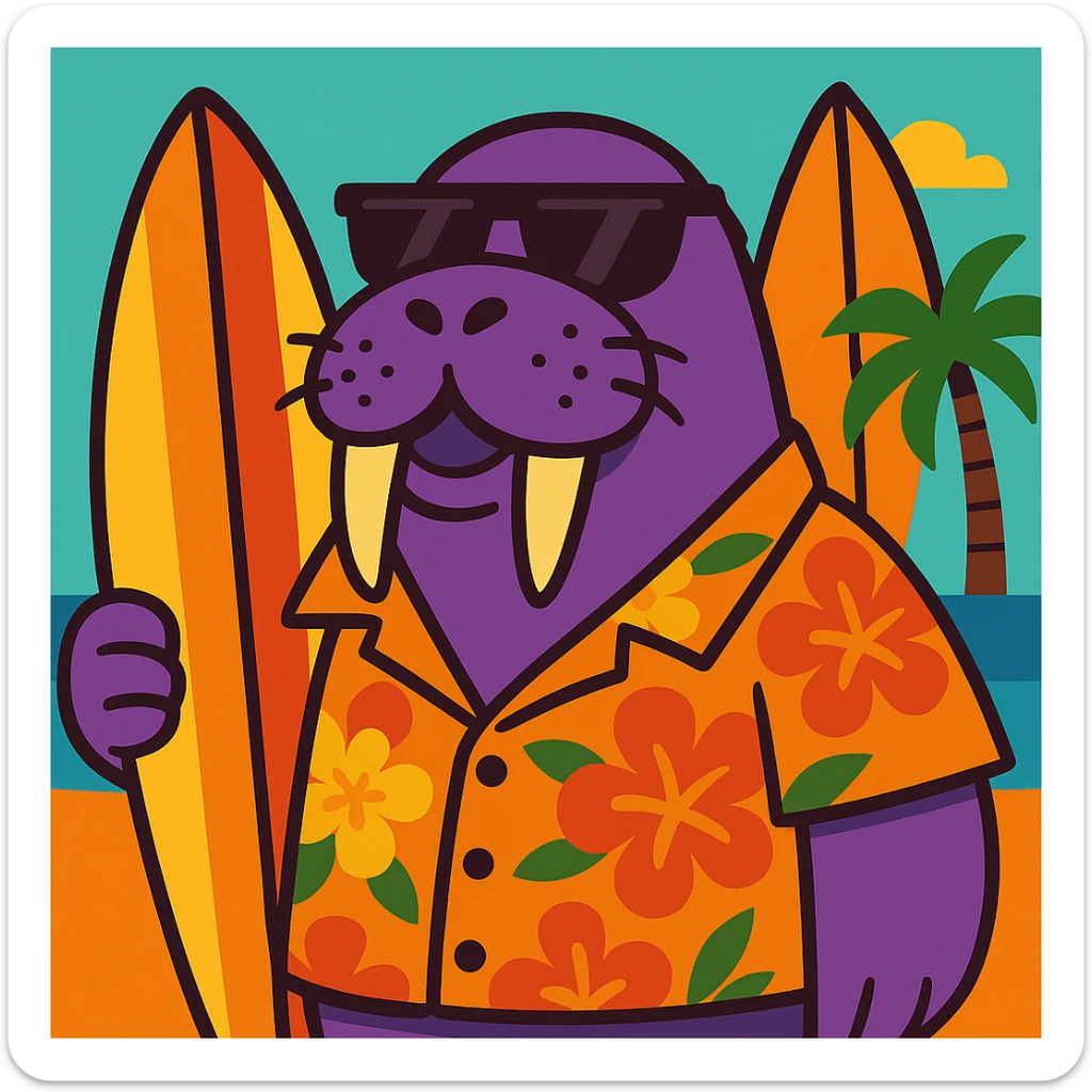 Add a surfboard to the purple walrus in sunglasses and a Hawaiian shirt, keep the cartoon style vibrant. sticker