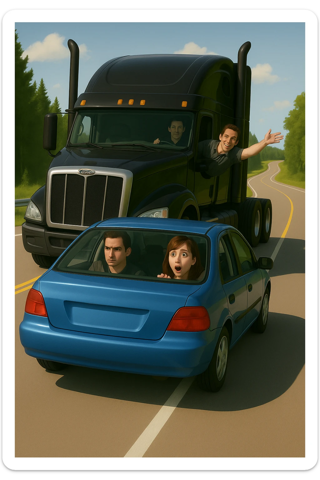 Add a person in the black semi truck with their arm out the window. Keep the scene bright and vibrant, with a person in the car in front. sticker