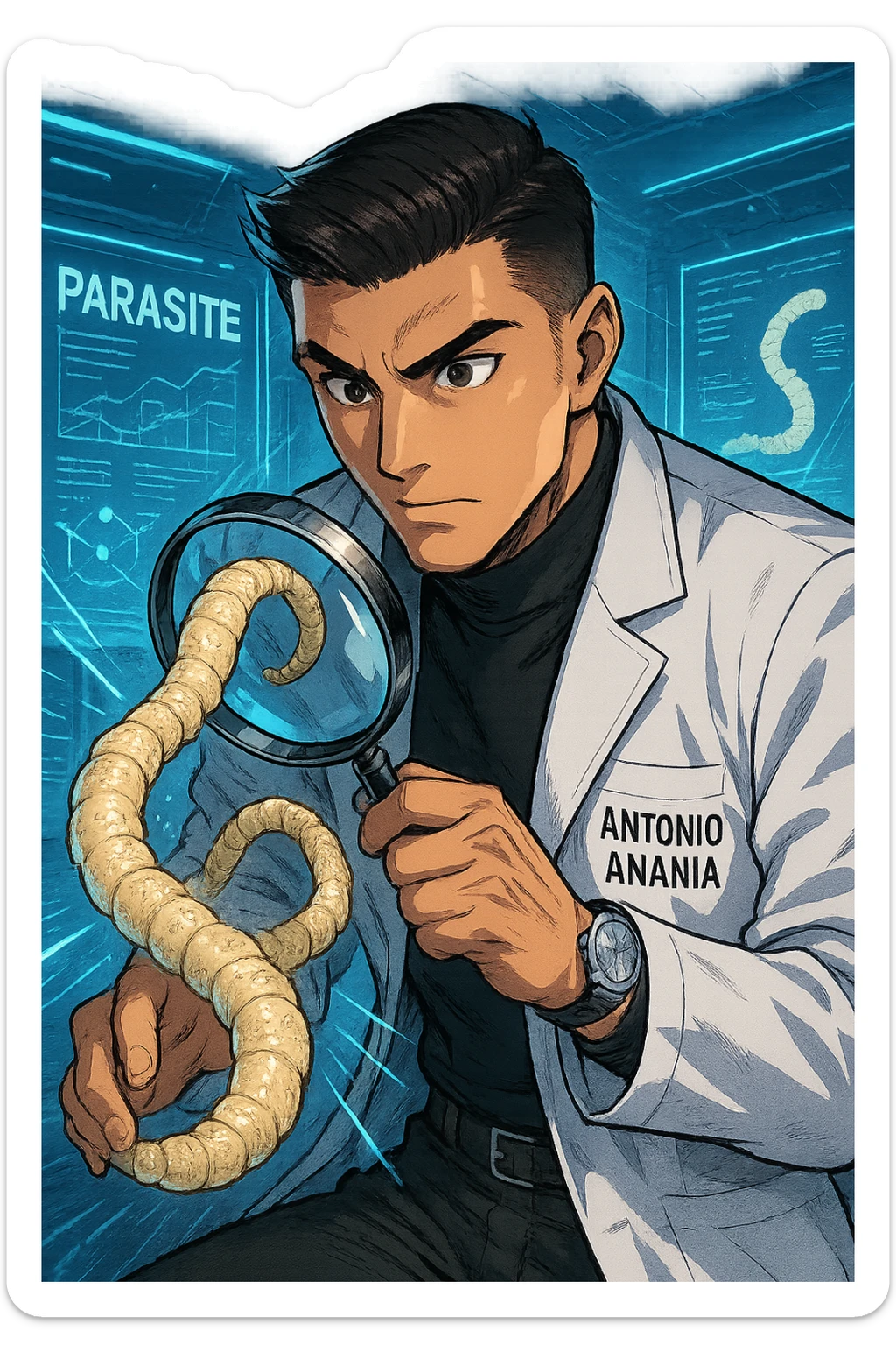 A dynamic manga/webtoon-style illustration of a young male kinesiologist wearing a clean white lab coat, analyzing light beige worms like a tapeworm under a magnifying glass. His expression is focused and slightly intrigued, with sharp, detailed eyes. The art style is vibrant, with bold linework, rich colors, and dramatic lighting. The background is a futuristic laboratory with glowing holographic screens displaying parasite data. The tapeworm is intricately drawn, slimy and segmented, with a slightly exaggerated yet realistic texture. The composition is dynamic, with motion lines or energy effects to emphasize his scientific investigation. The atmosphere is intense but not dark, keeping a balance between scientific seriousness and stylish manga aesthetics, he has "ANTONIO ANANIA" WRITTEN ON WHITE LAB COAT sticker