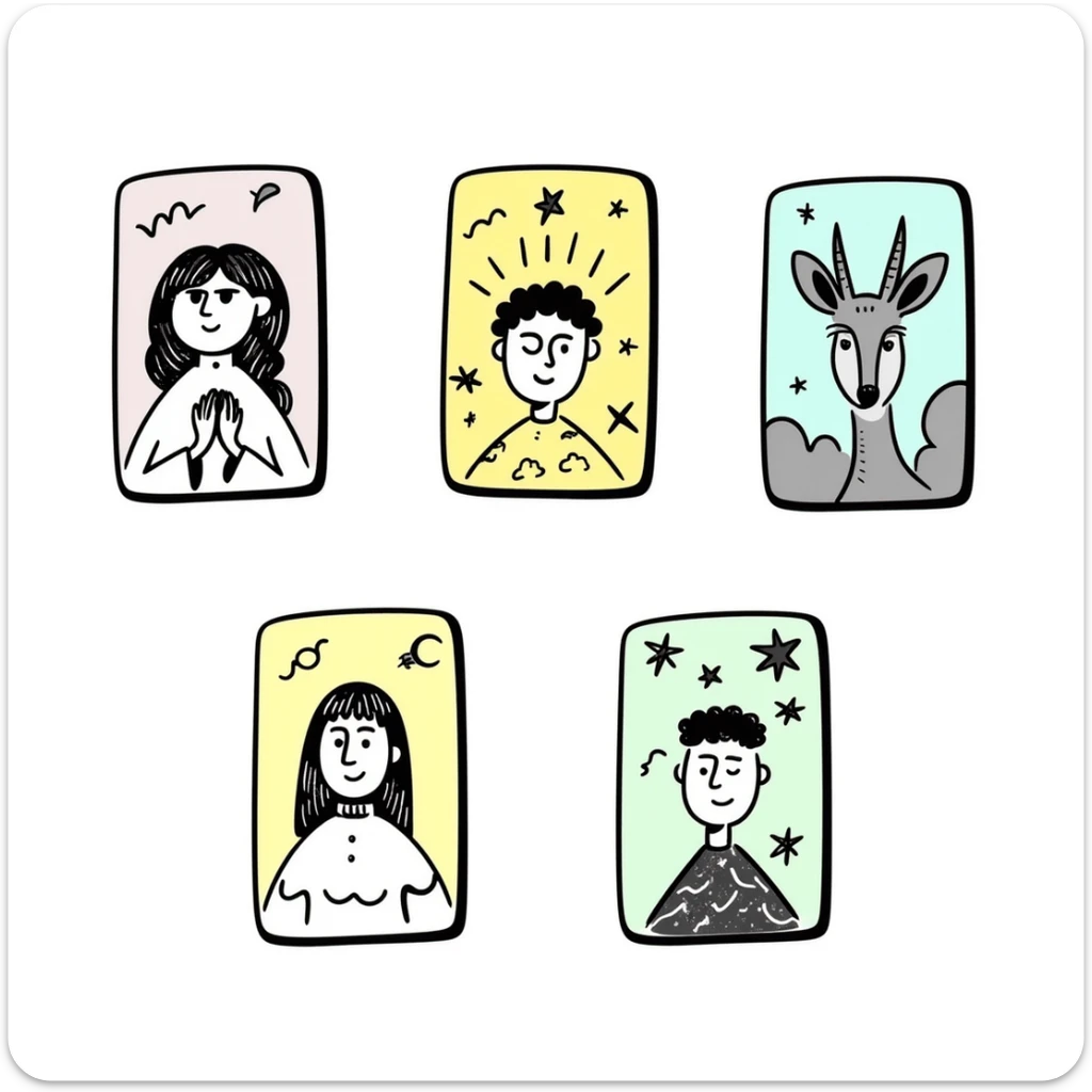 Tarot cards with mystical symbols in pastel colors (dd9fb0, ffc6d3, a3bfc9, c4bee2, f1b091), hand-drawn doodle style sticker
