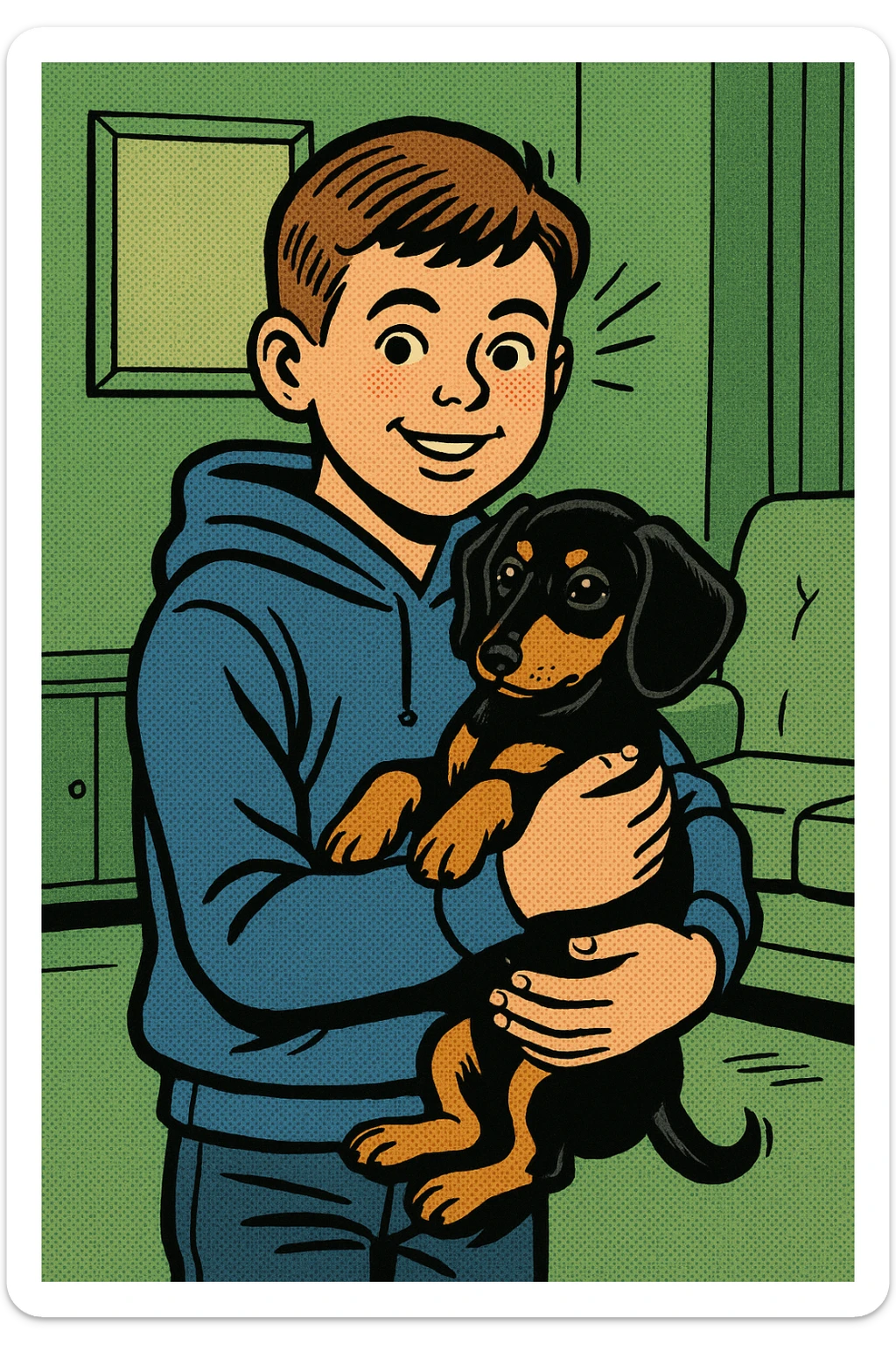 A modern day 10 year old wearing a blue hoodie with a black and tan puppy dachshund in a green living room sticker