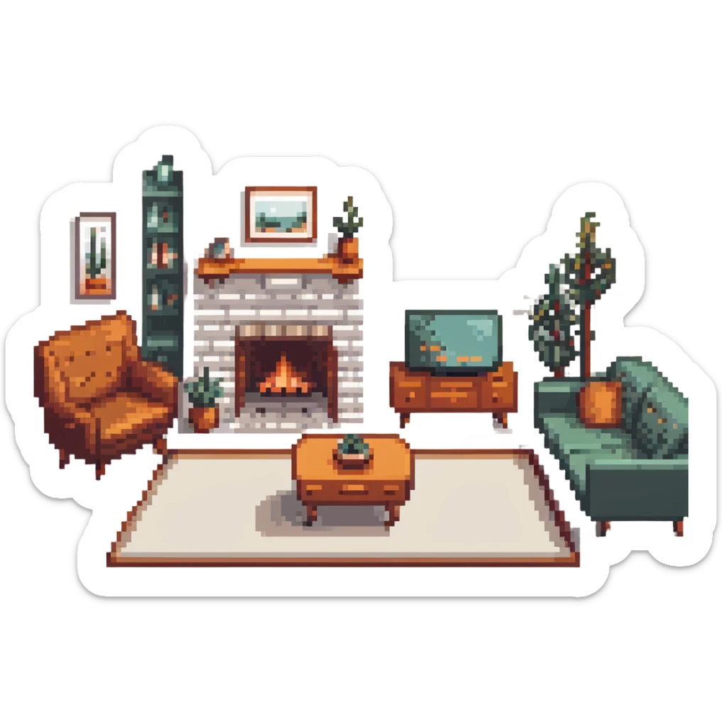 escenary 3d of a cozy mid-century living room with two people working on laptops, one man standing at a desk, and one woman sitting on a couch sticker