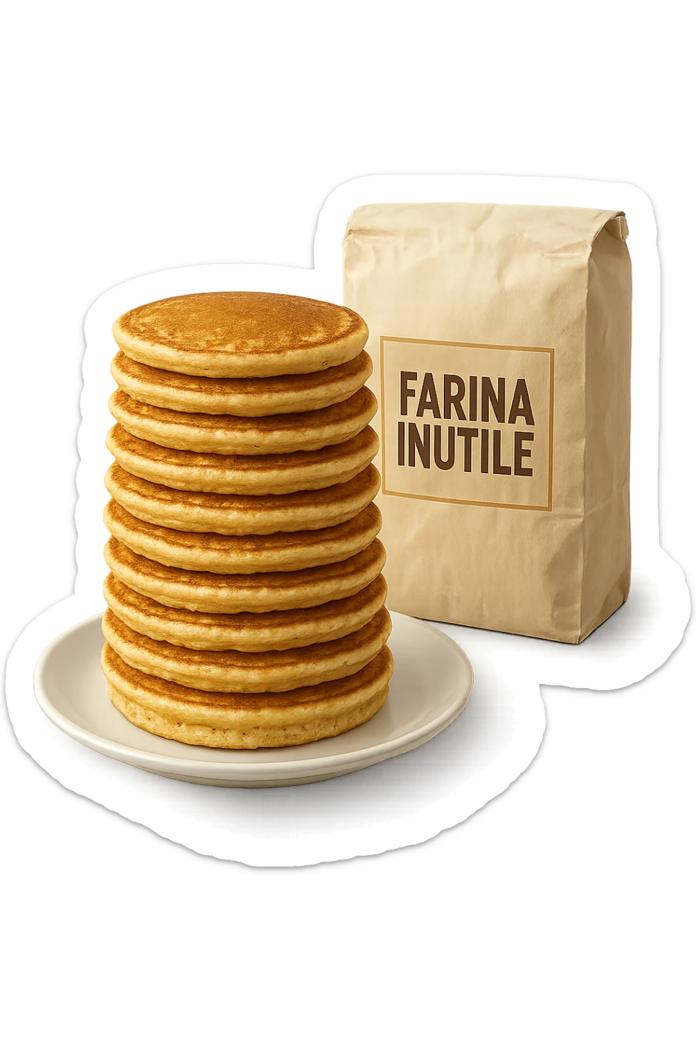 UN PIATTO CON TORRETTA DI PANCAKE E UN PACCO DI FARINA DIETRO CON LA SCRITTA "FARINA INUTILE" SUL PACCO,  iperrealistico 4k sticker