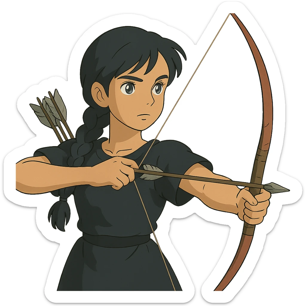 ghibli style girl with olive skin, gray eyes, black hair in a side braid, black outfit, bow and arrow sticker