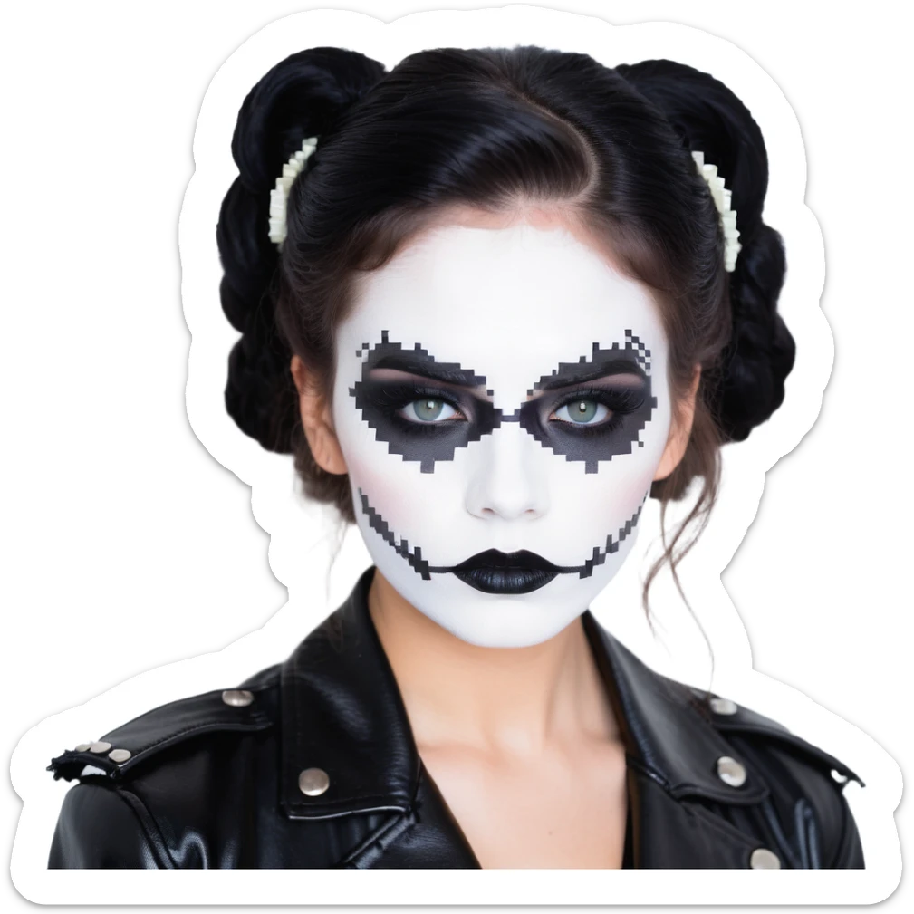 Chucky's bride with black lipstick, black dress, leather jacket, and smoky eye makeup sticker