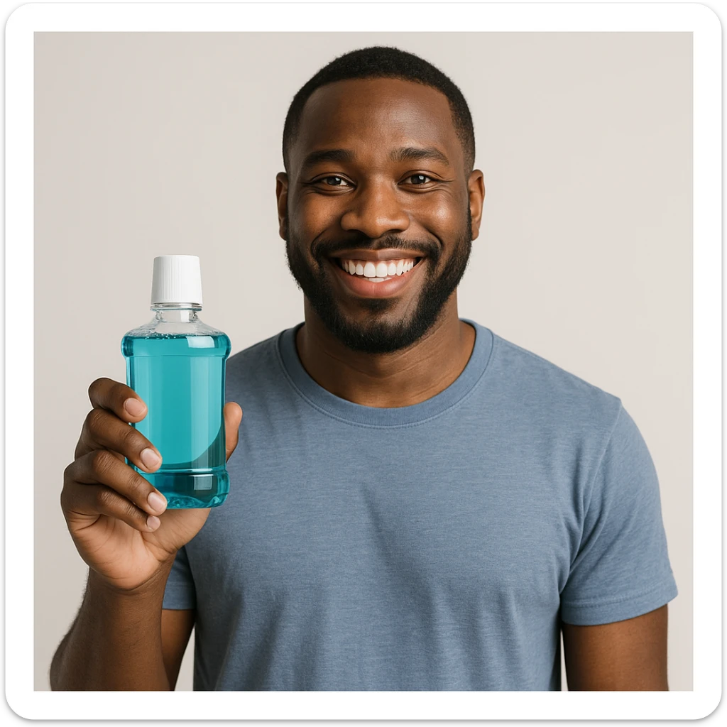 A Black man holding a bottle of mouthwash and smiling, clear and friendly expression, simple background. sticker