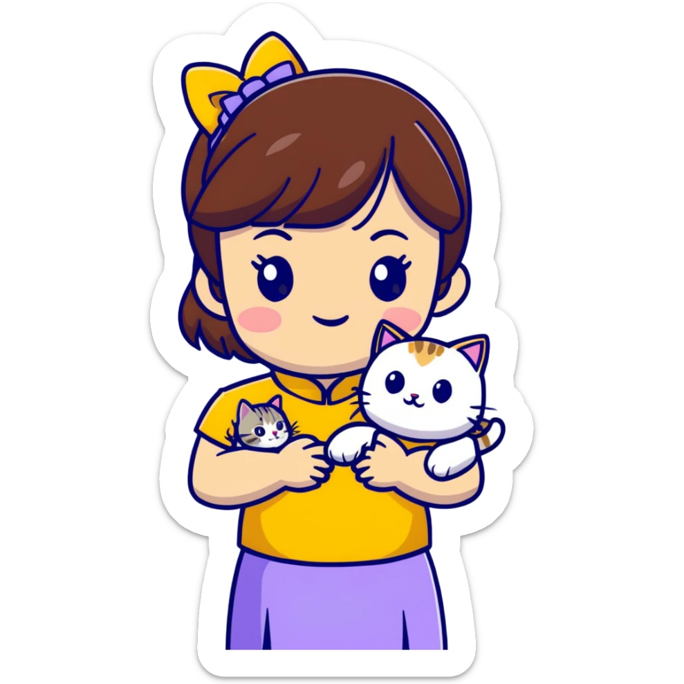 girl with brown hair and bangs wearing yellow qipao with gray tabby cat sticker