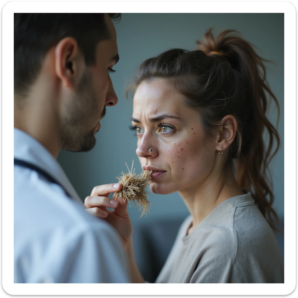 hyperrealistic 4K image of a woman with PCOS showing a clump of fallen hair to a doctor, face with acne and facial hair, thinning hair, clinical environment, frustrated expression sticker