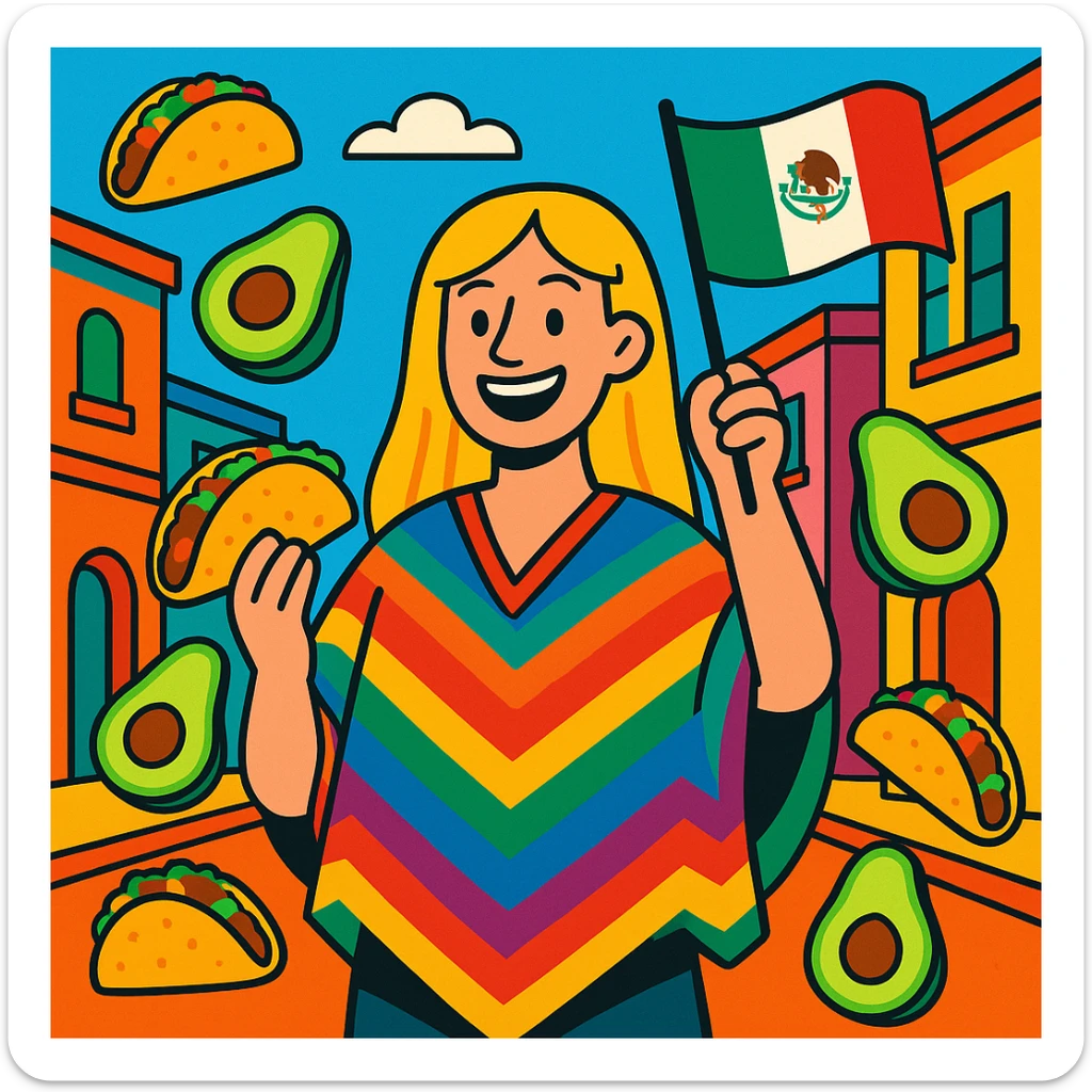 cartoon of a tall blonde woman smiling wearing a colorful poncho holding a taco and an avocado waving a Mexico flag surrounded by tacos and avocados on a lively street background with bright and bold colors sticker