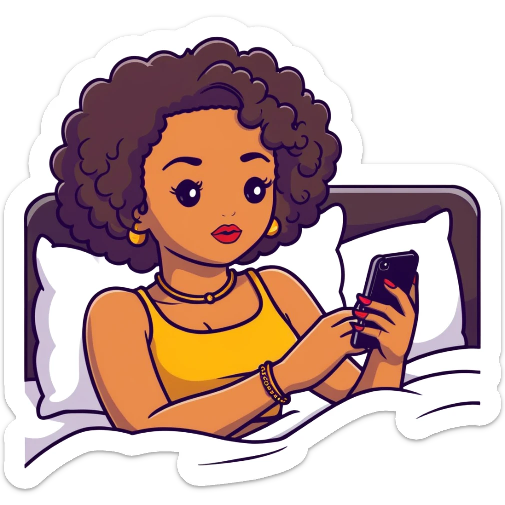 Brown-skinned teenage girl with curly black hair lying on bed looking at smartphone, heavy makeup, big lips, crop top, gold jewelry, choni style outfit sticker