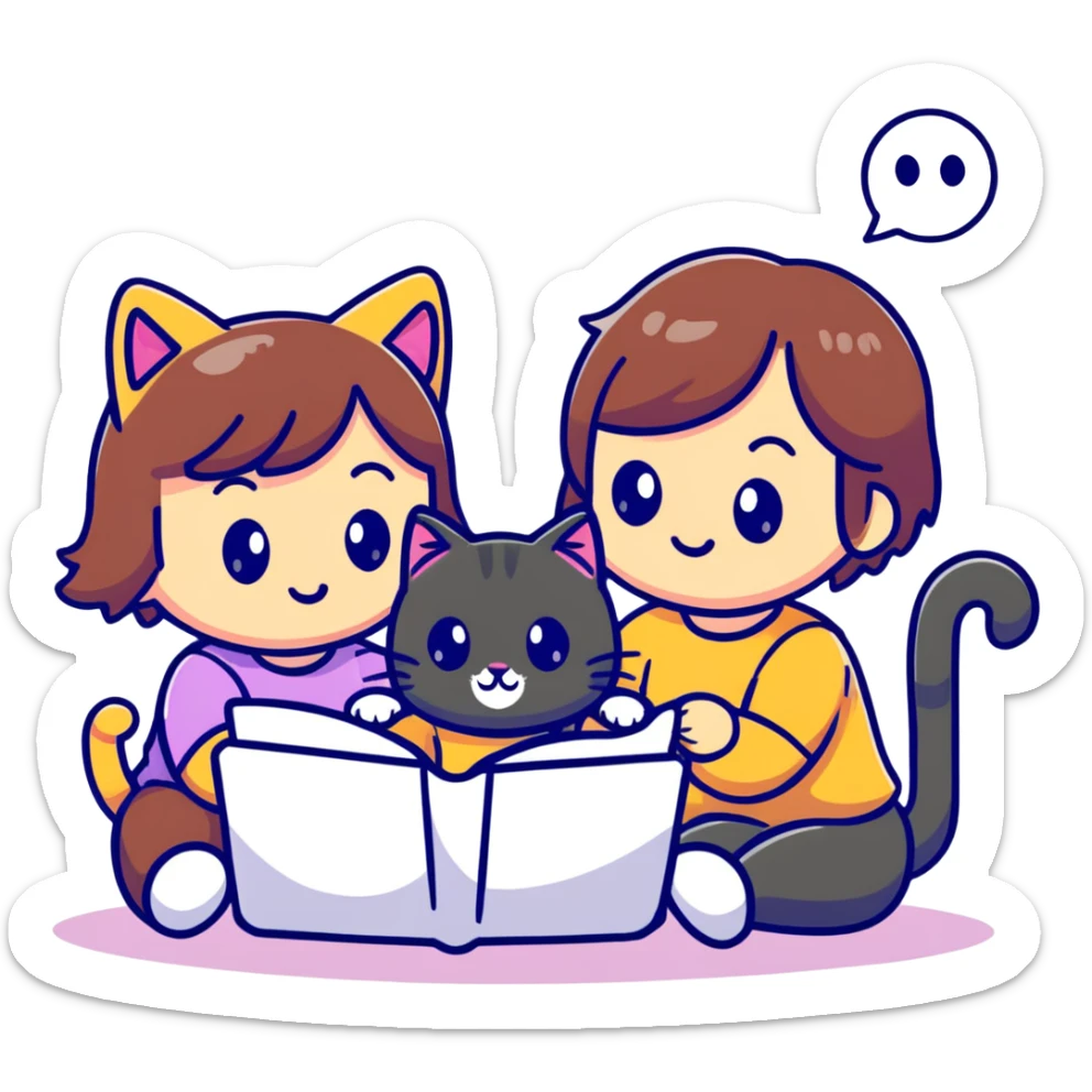 two girls watching a cute kitty drawing an emoji, playful cartoon style sticker