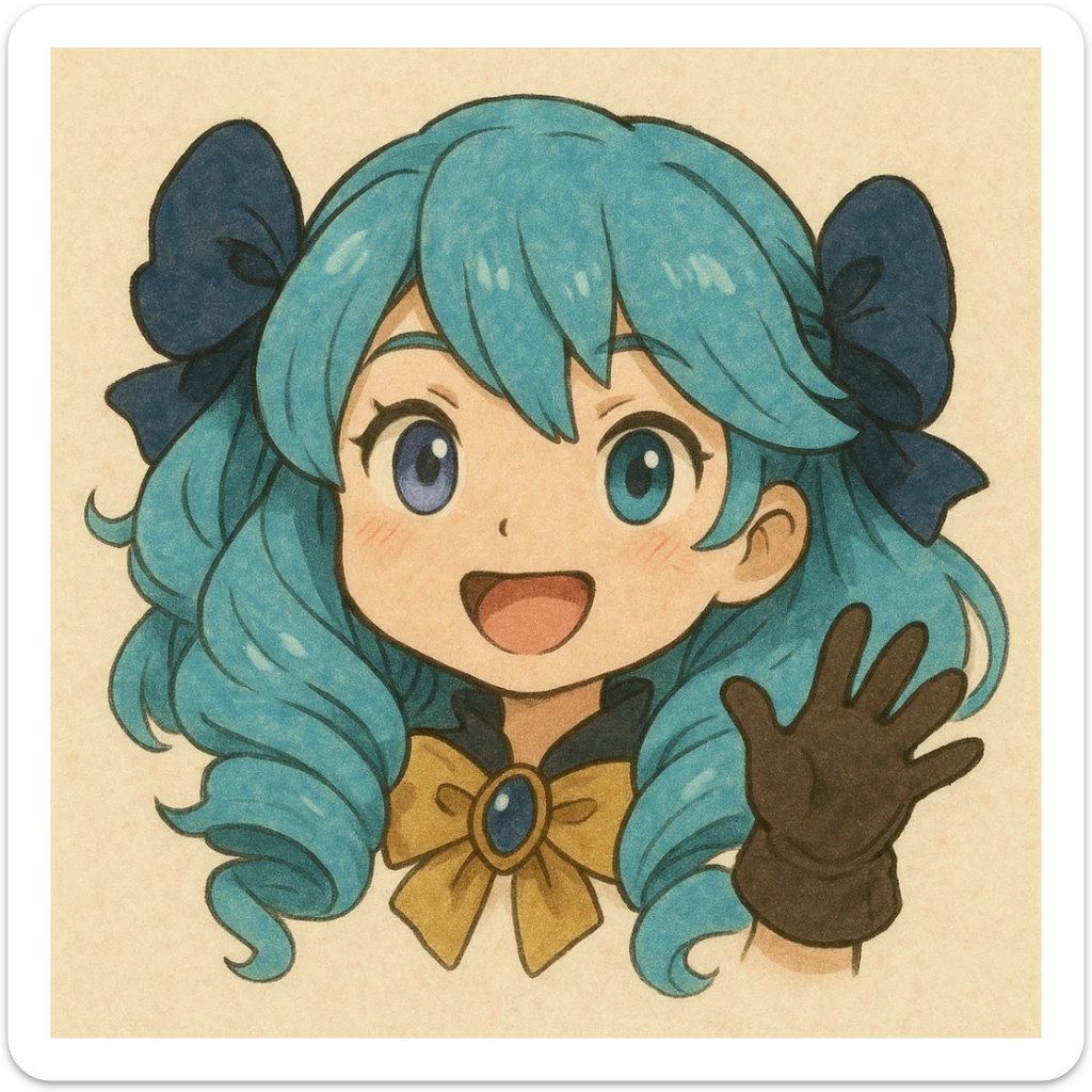 chibi style Gwen from League of Legends, only head, right eye purple, one hand waving with glove, smiling and energetic, ghibli style sticker