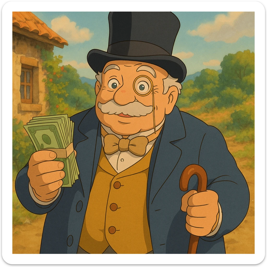 old white man with a top hat, monocle in left eye, holding stacks of money in right hand and a wooden cane in left hand, in a Ghibli style sticker